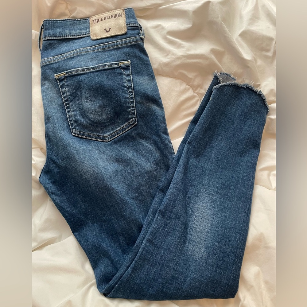 True Religion Halle Mid Rise Super Skinny  Blue Distressed Jeans